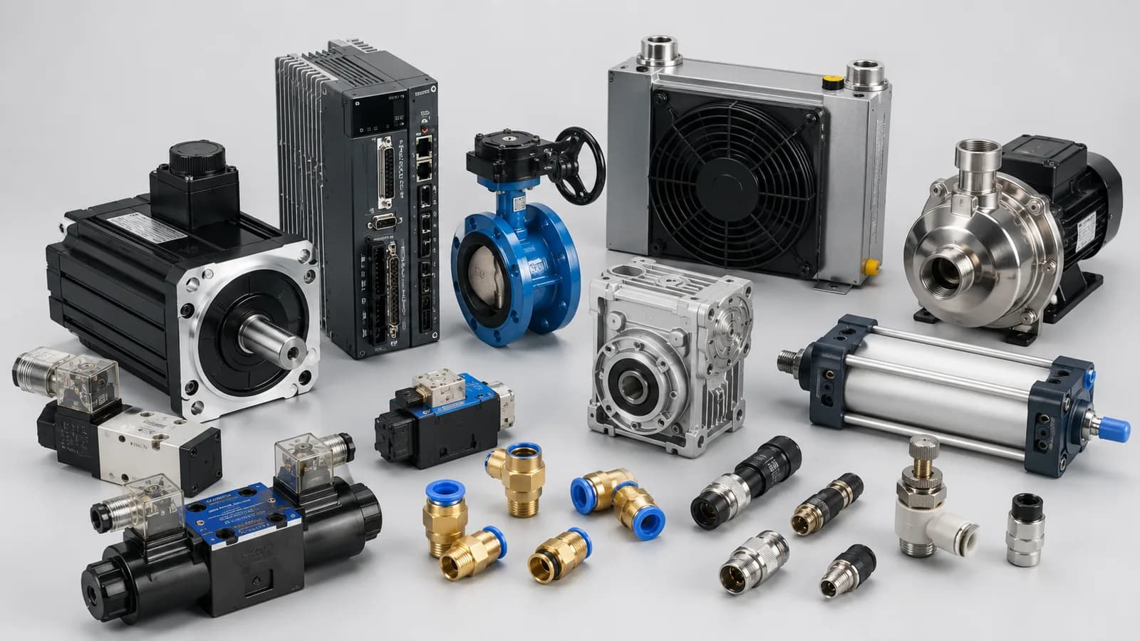Electrical and mechanical industrial parts including servo motor, drive, oil cooler, butterfly valve, pump, hydraulic valve, pneumatic valve, quick connectors, gearbox, and cylinder