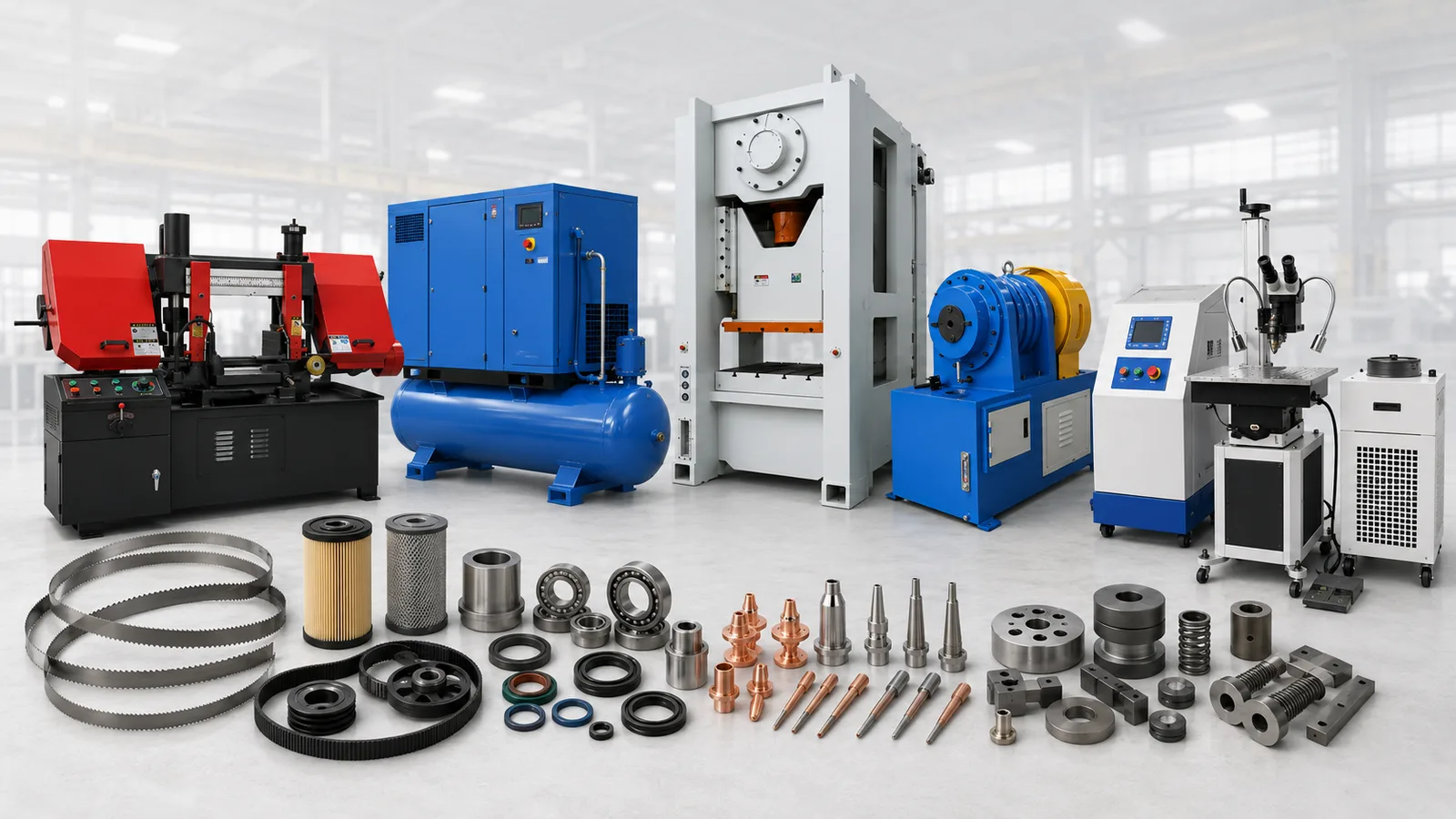 Industrial machinery and spare parts including band saw, air compressor, press machine, taper pipe machine, laser welding equipment, bearings, filters, belts, and metal components
