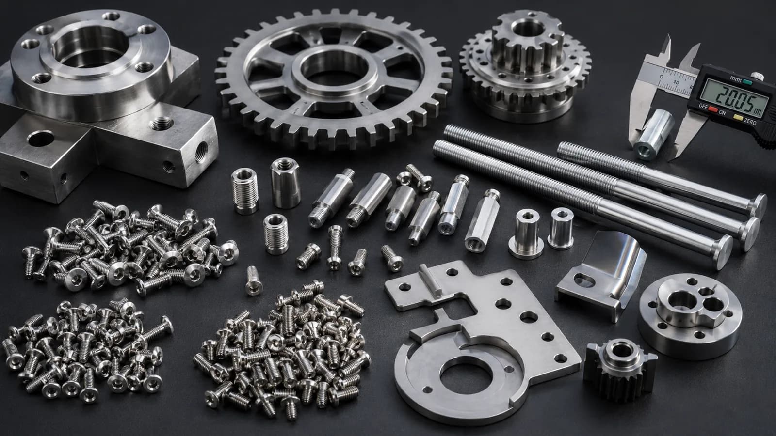 Industrial metal parts including screws, gears, spacers, machined components, and precision fasteners