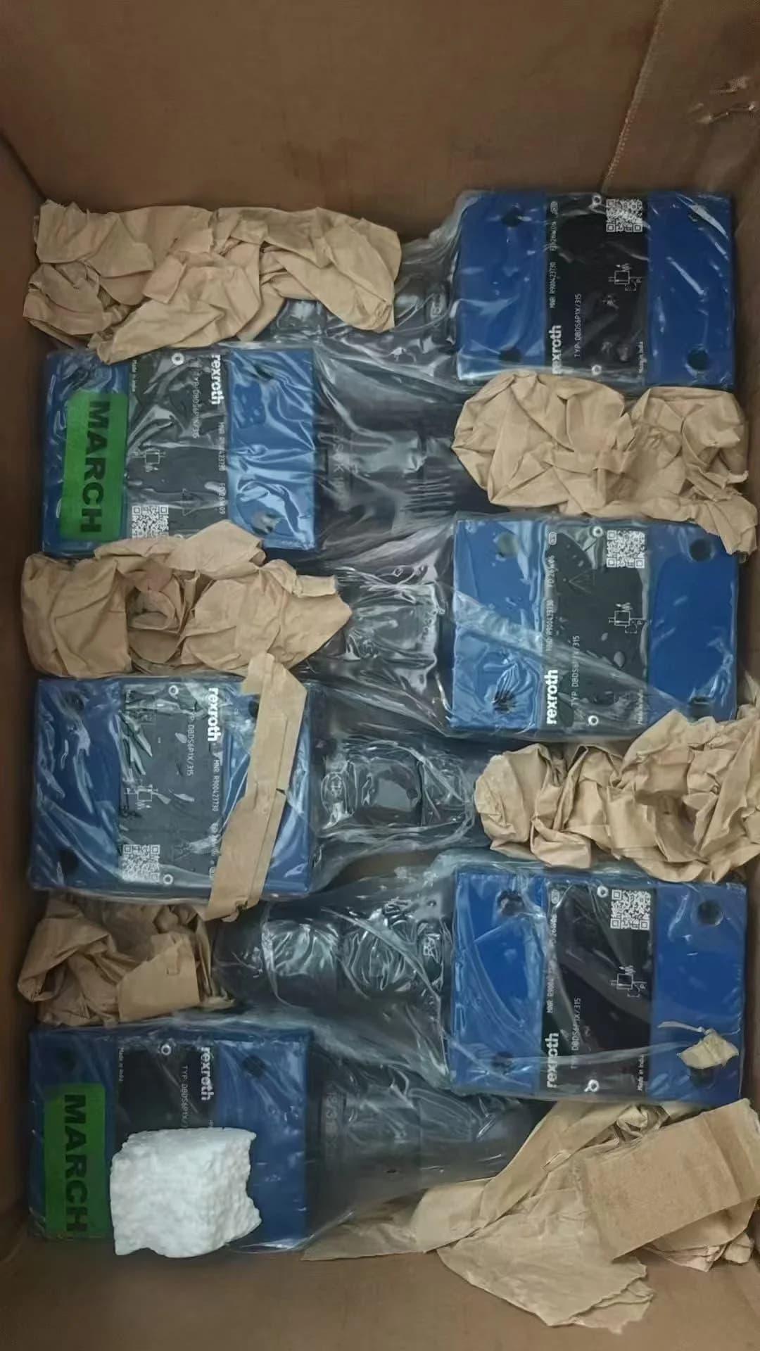 Full carton of Rexroth DBDS6P1X/315 pressure relief valves purchased for a customer and packed for shipment