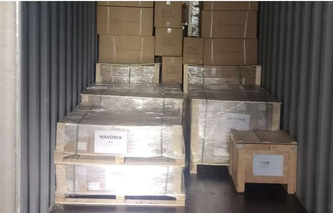 Palletized cartons positioned inside a shipping container for the Serbia order